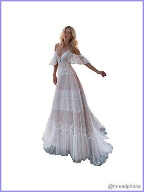 Chic Lace Wedding Dress V Neck Ruffle Sleeves Beachy Boho Evening Gown